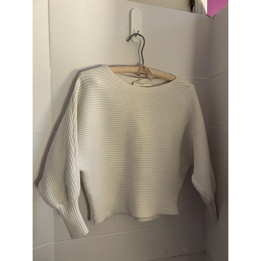 American Threads Small White Ribbed Knit Sweater VISCOSE BLEND Pullover Balloon - Picture 12 of 14